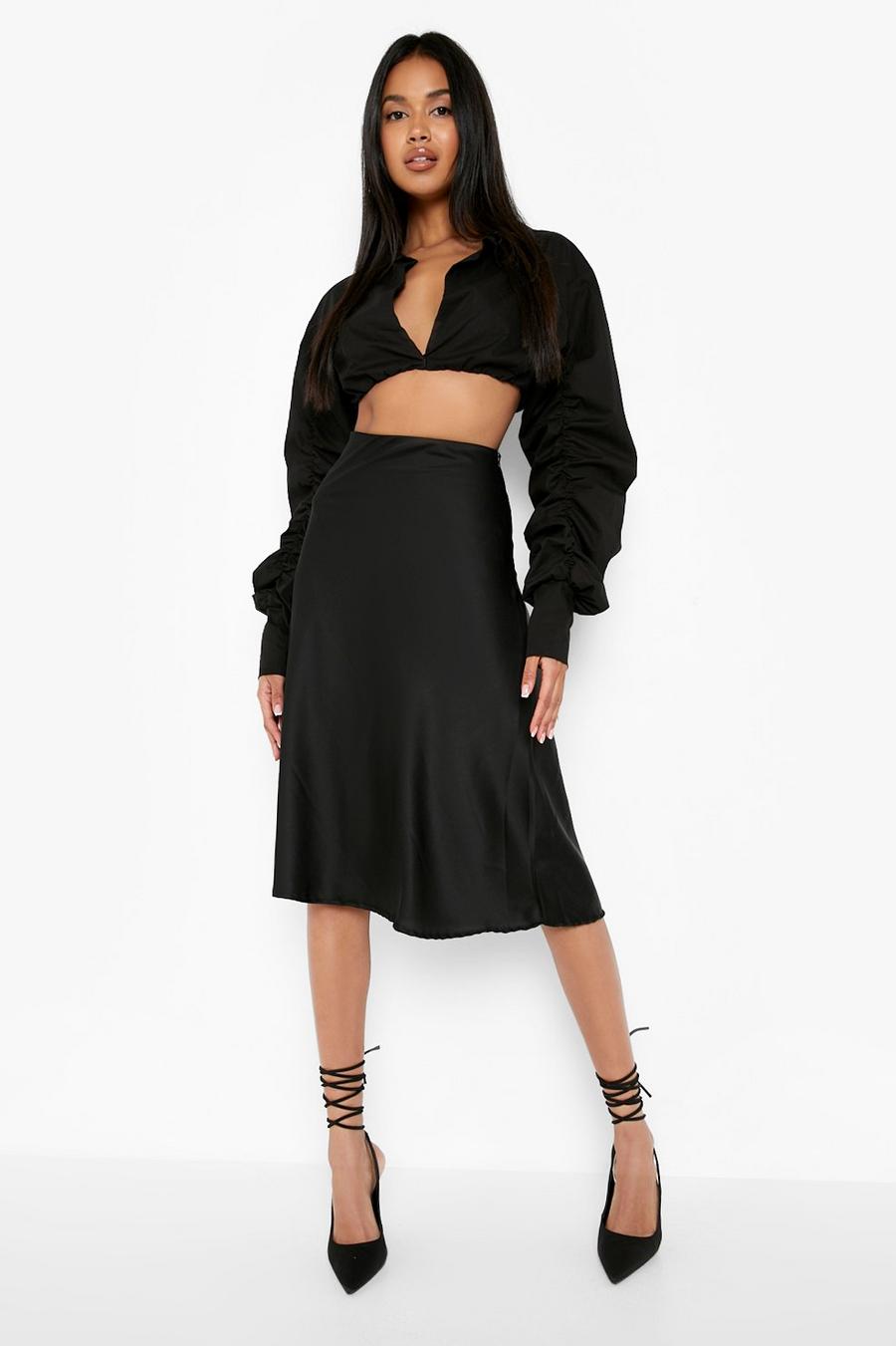 Black Satin Bias Cut Slip Midi Skirt image number 1