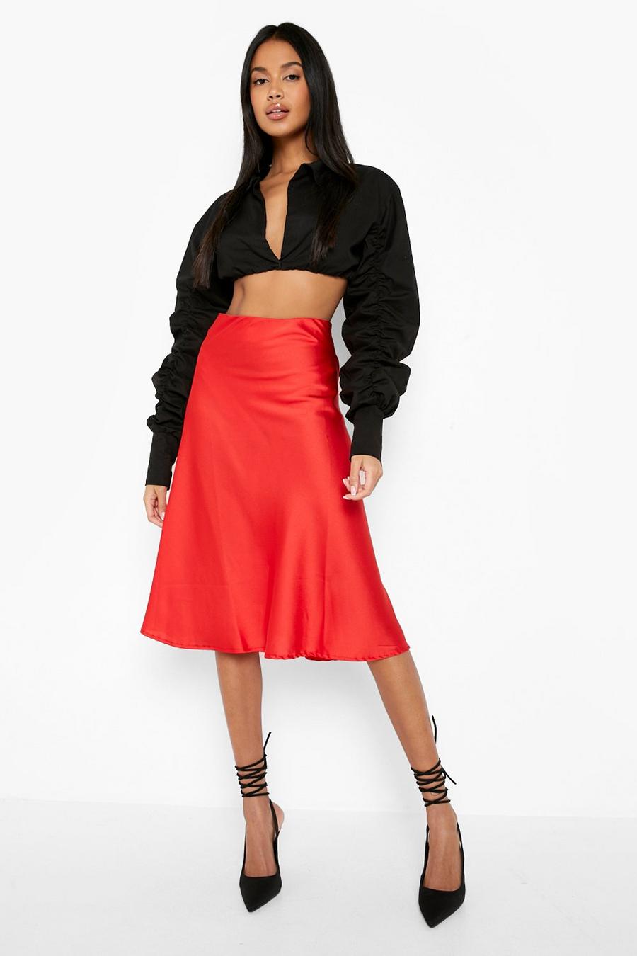 Red Satin Bias Cut Slip Midi Skirt image number 1