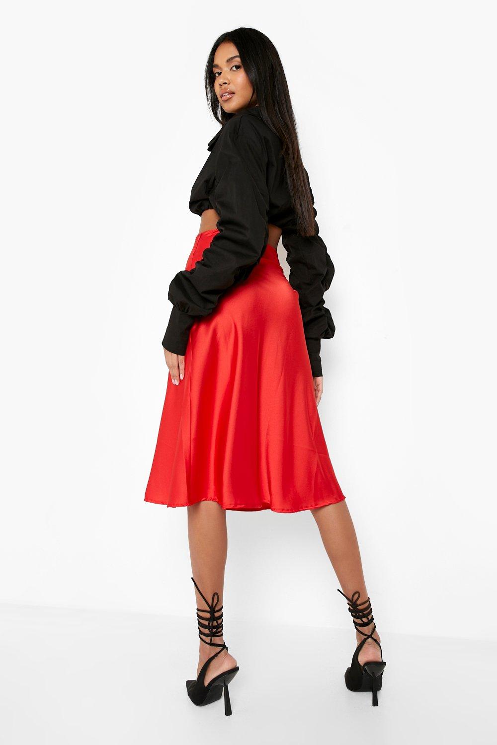black satin slip midi skirt