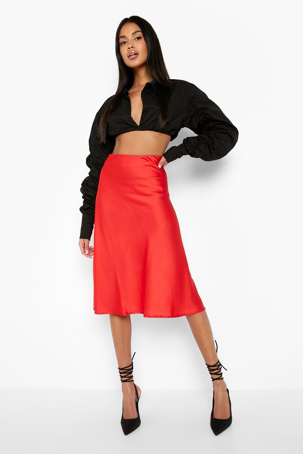 red satin slip skirt