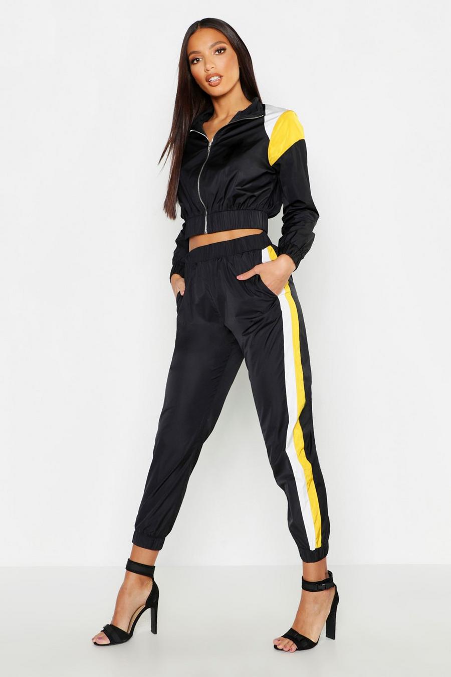 Black Colour Block Shell Tracksuit Joggers image number 1