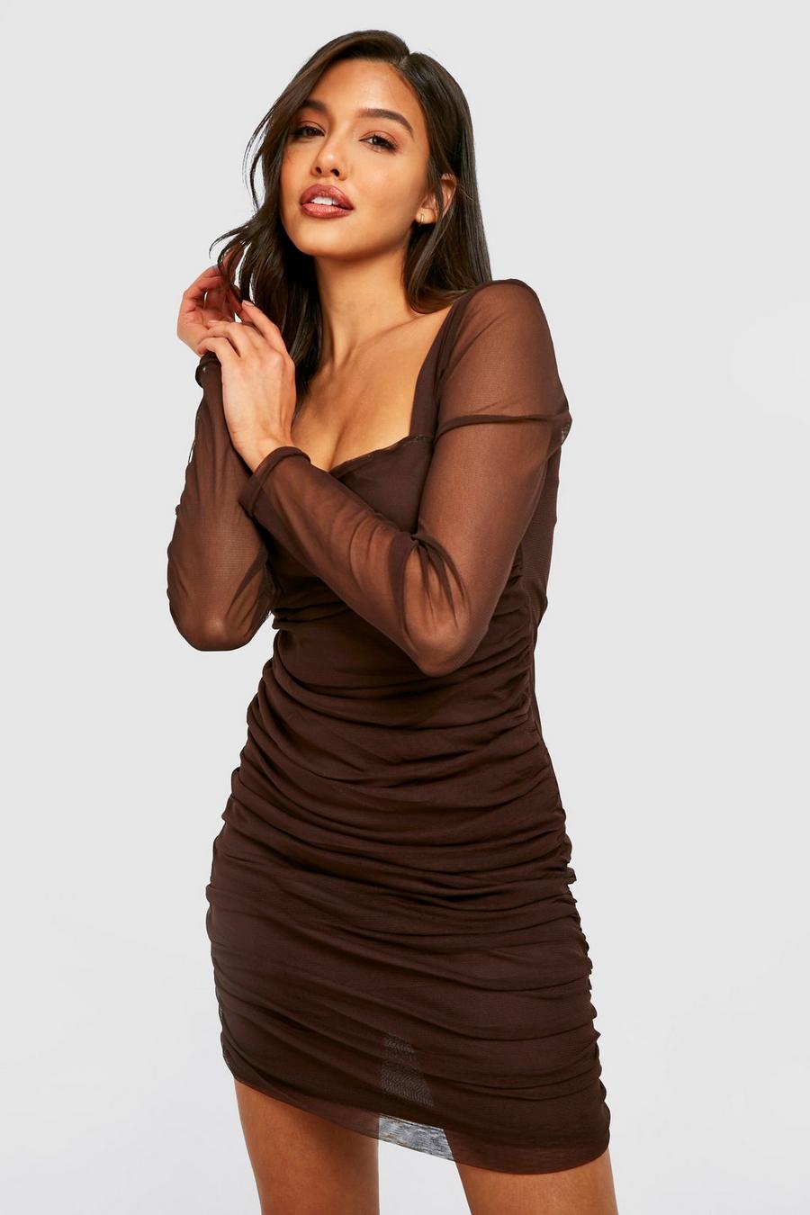 Chocolate marrón Square Neck Ruched Mesh Bodycon Dress