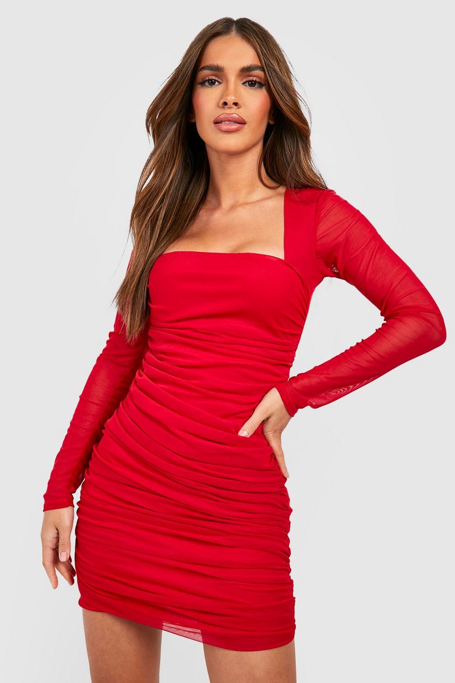 Red rot Square Neck Ruched Mesh Bodycon Dress
