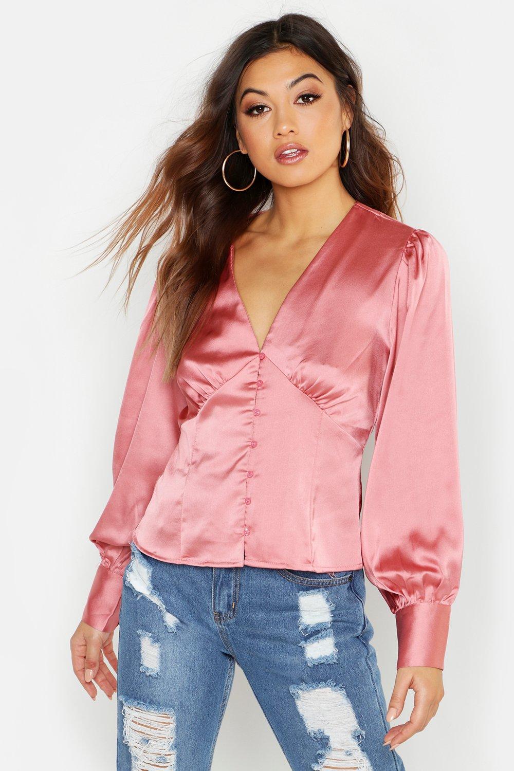 Satin Button Through Blouse | Boohoo UK