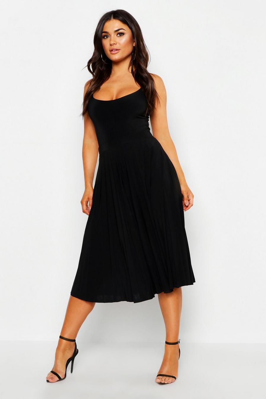 Black Slinky Pleated Midi Skirt