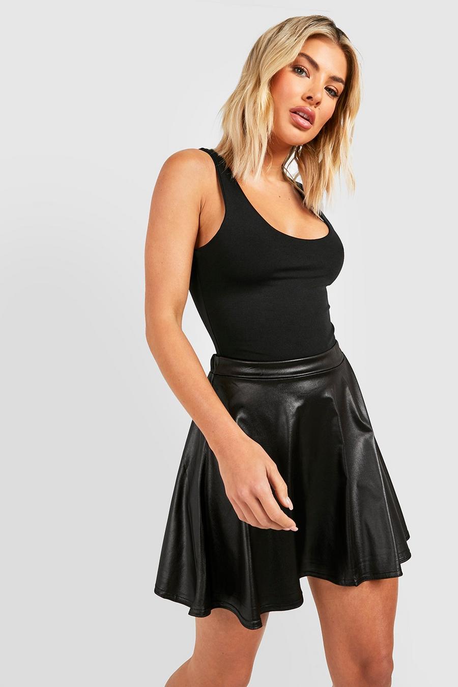 Black High Waisted Leather Look Skater Skirt image number 1