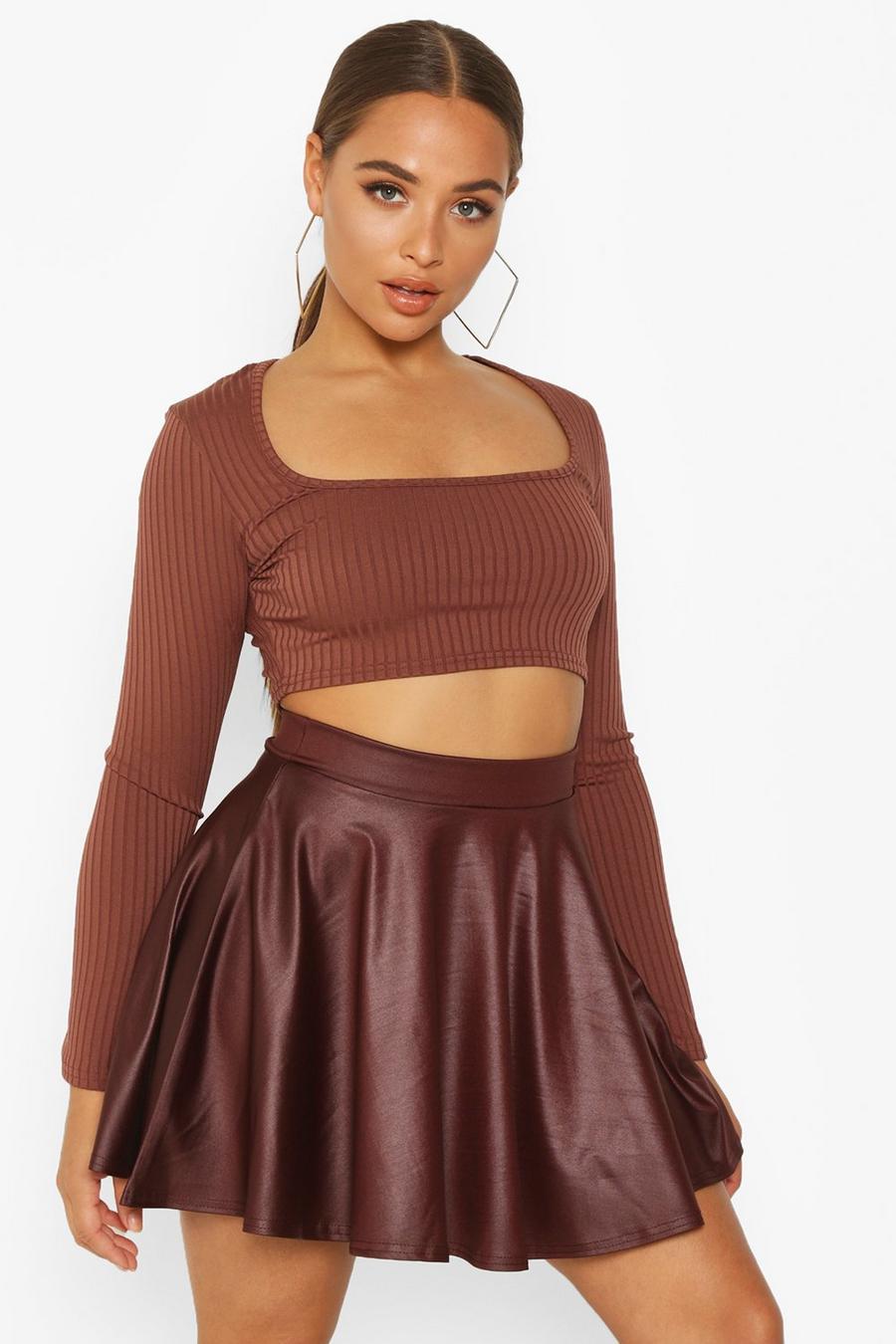 Chocolate High Waisted Leather Look Skater Skirt image number 1