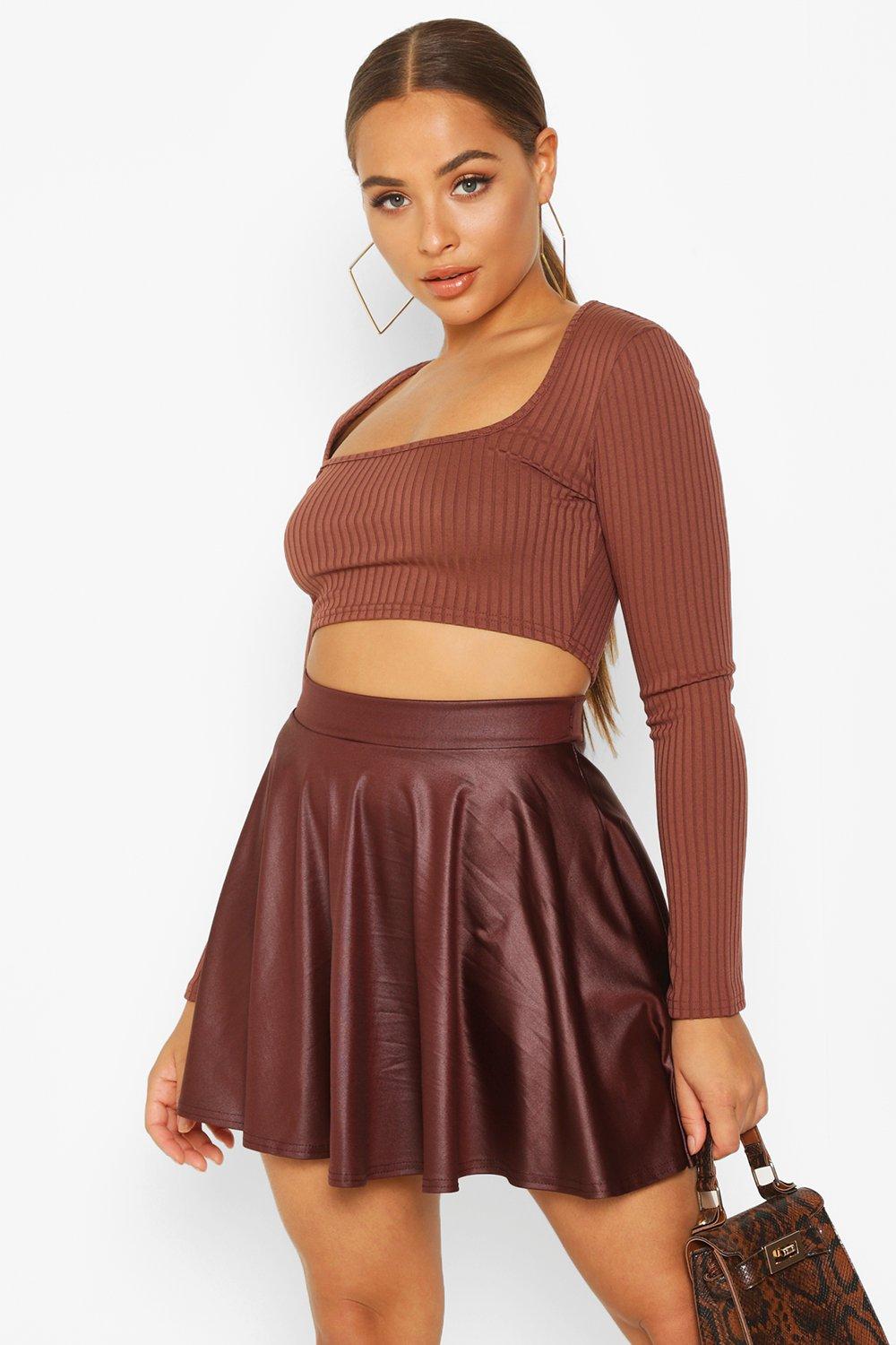 Brown leather 2024 skirt boohoo