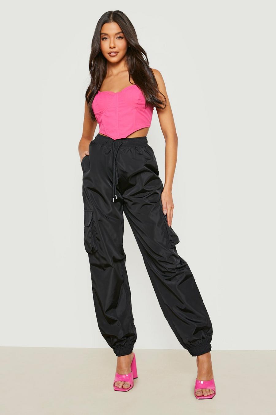 Black High Waist Pocket Side Shell Joggers image number 1