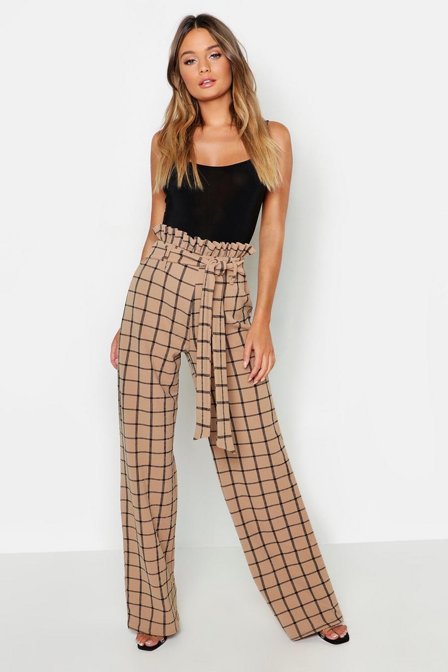 Sand Paperbag Waist Checked Wide Leg Pants image number 1