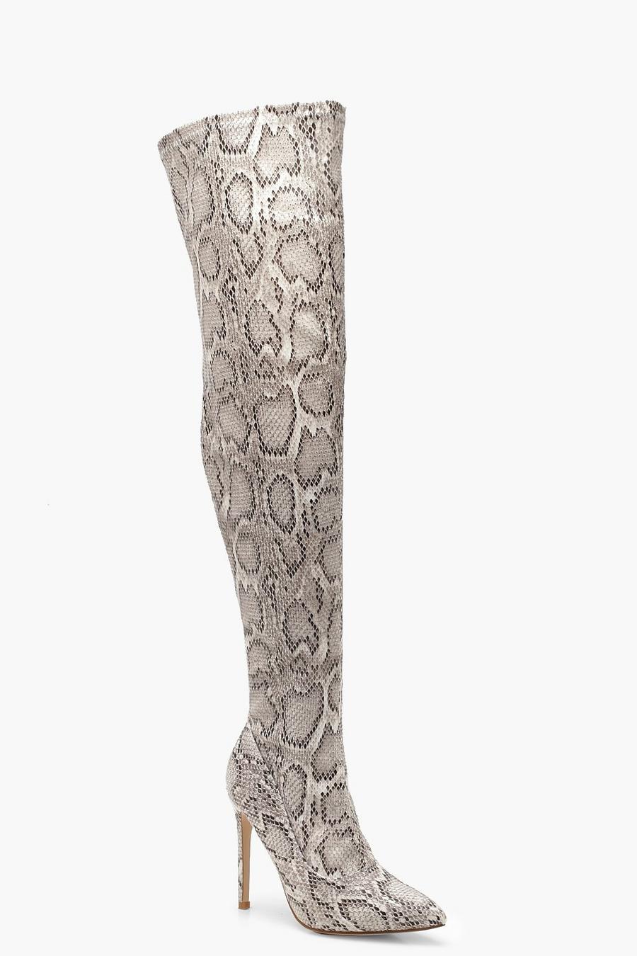 Stivali sopra il ginocchio con stampa effetto pelle di serpente, Grigio image number 1