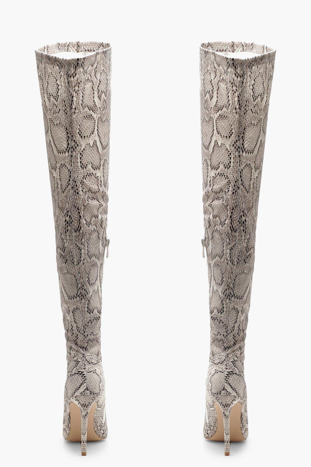 Grey snake print store over the knee boots