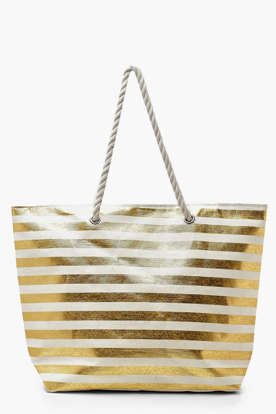 Gold Metallic Stripe Rope Handle Beach Bag image number 1