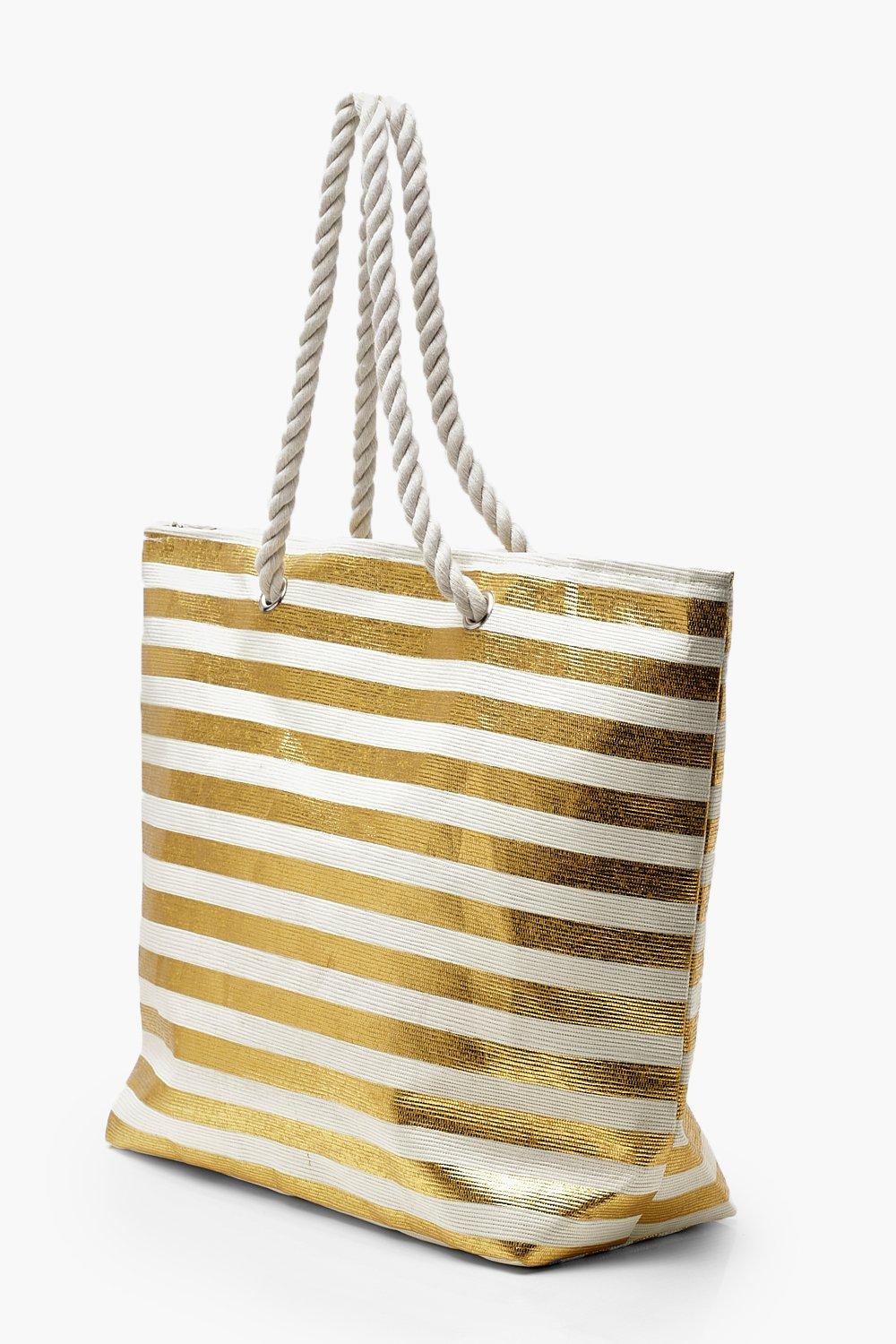 white and gold beach bag