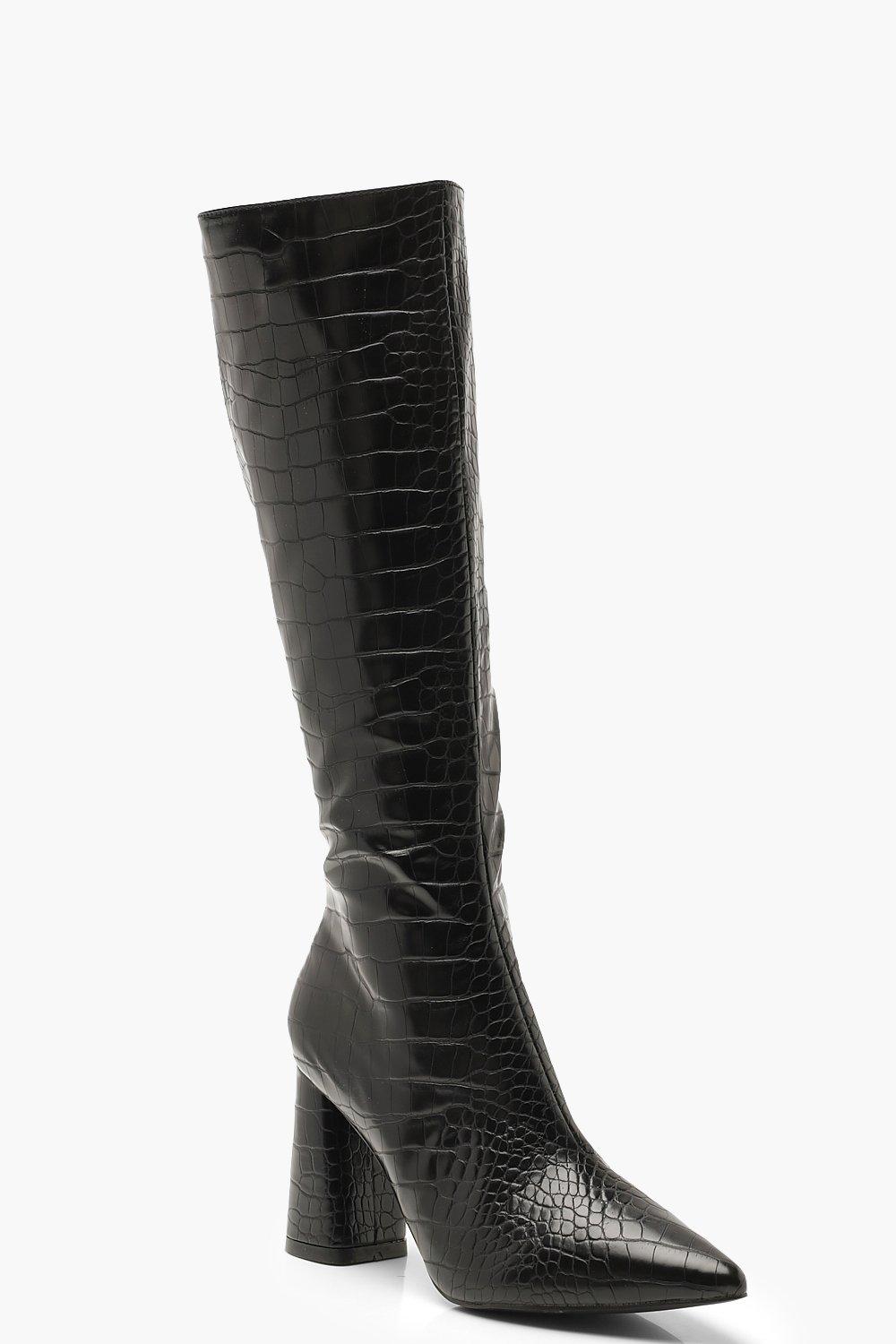 Croc Knee High Block Heel Boots 