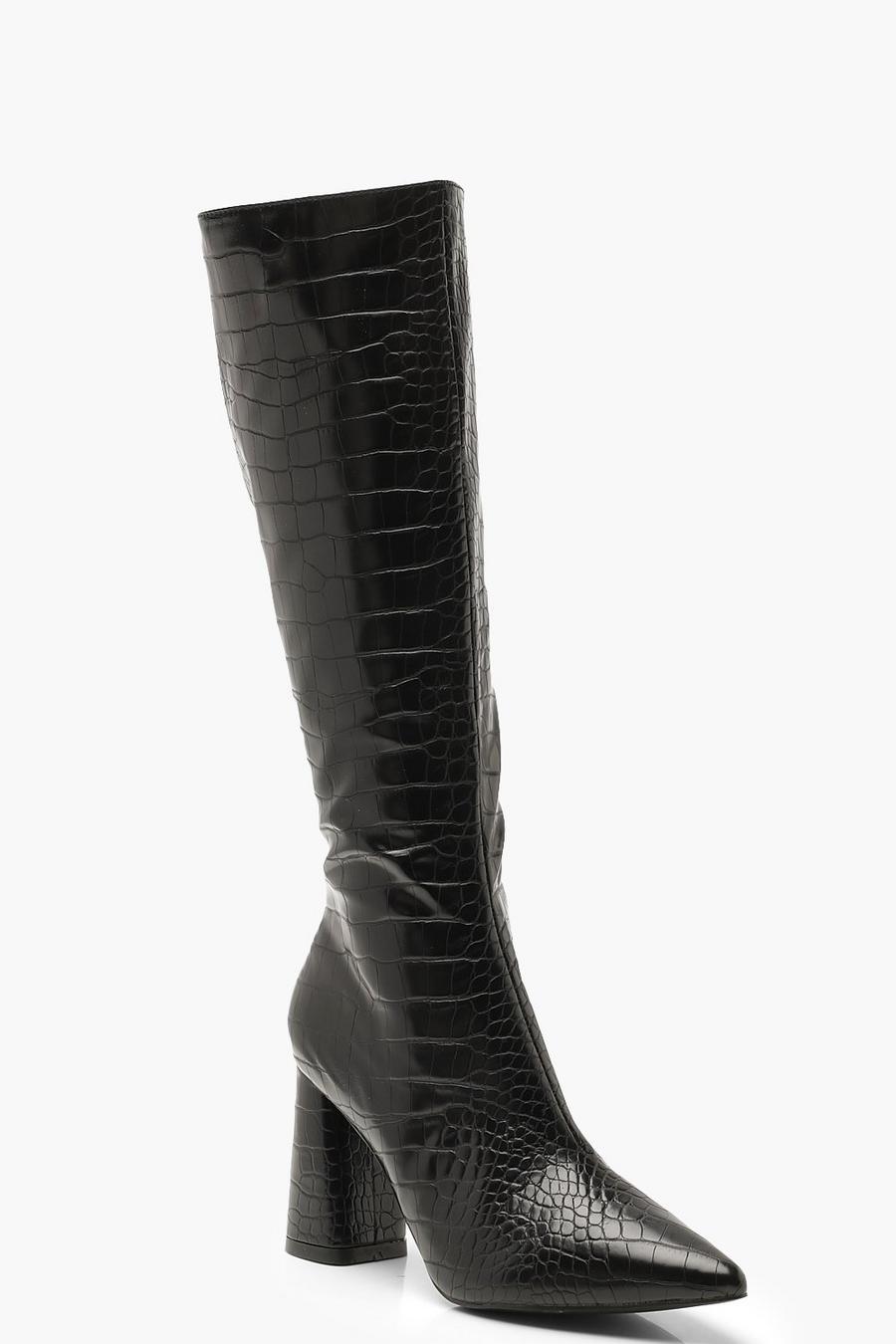 Botas altas con tacón grueso con estampado de cocodrilo, Negro image number 1