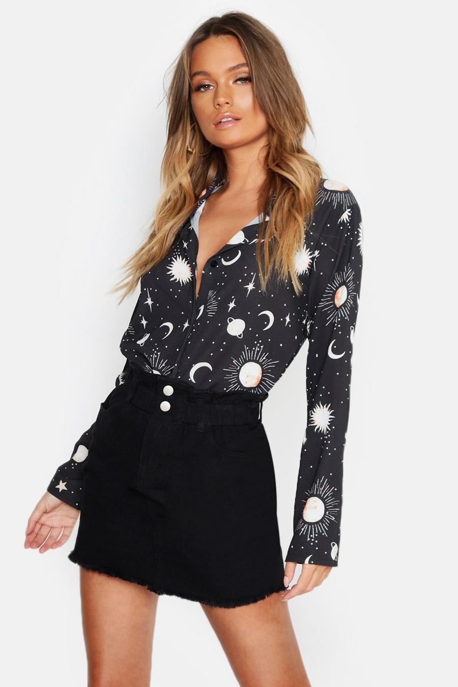 שחור חולצה ארוגה עם הדפס ירח + כוכבים image number 1