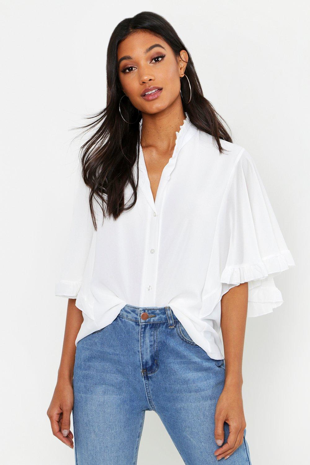 white ruffle blouse boohoo