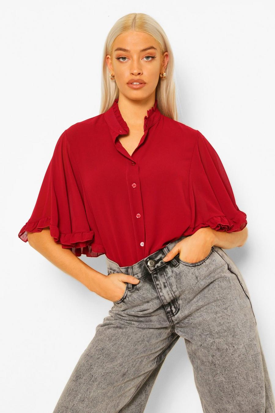 Red röd Woven Ruffle Angel Sleeve Blouse image number 1