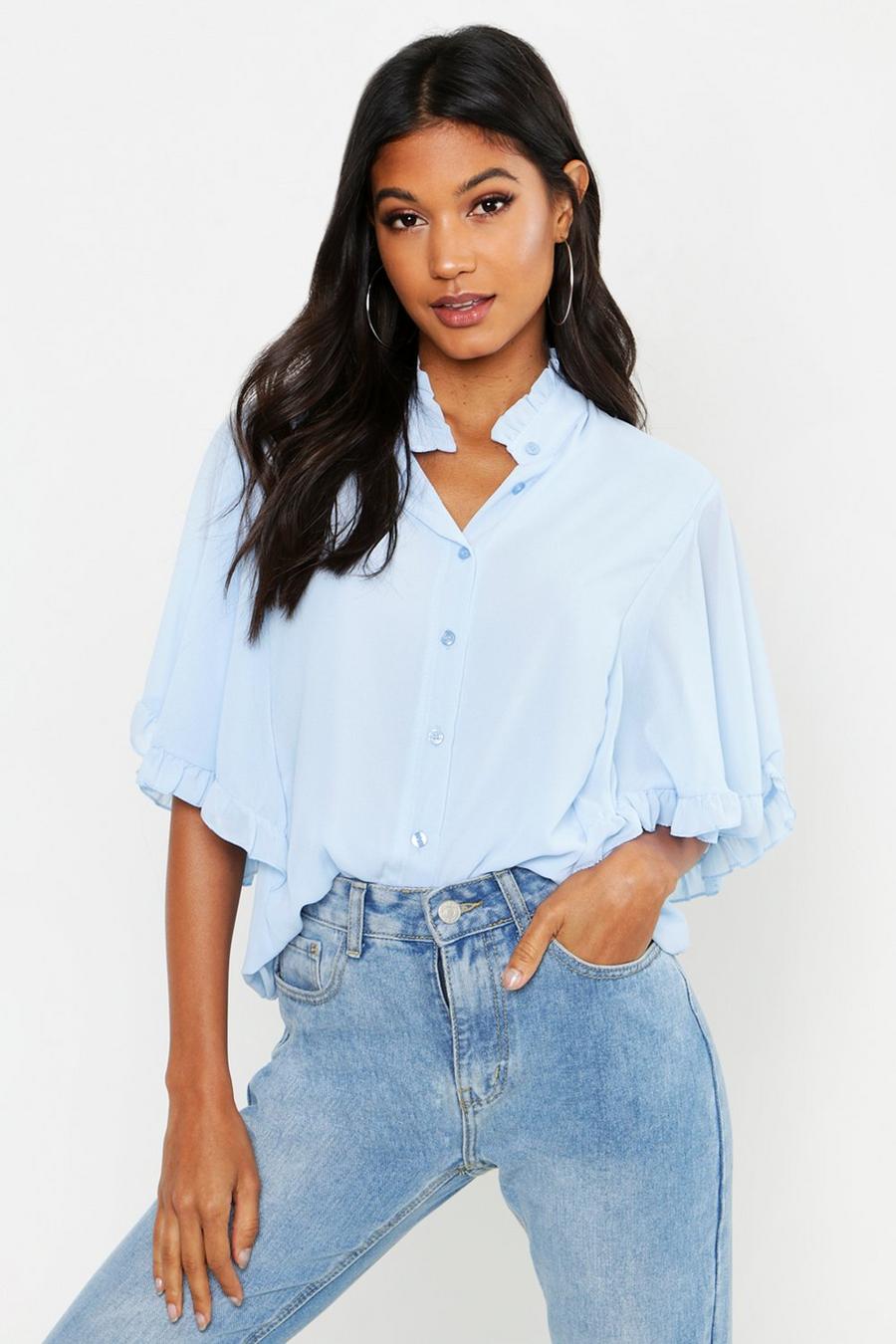 Sky blue Woven Ruffle Angel Sleeve Blouse image number 1
