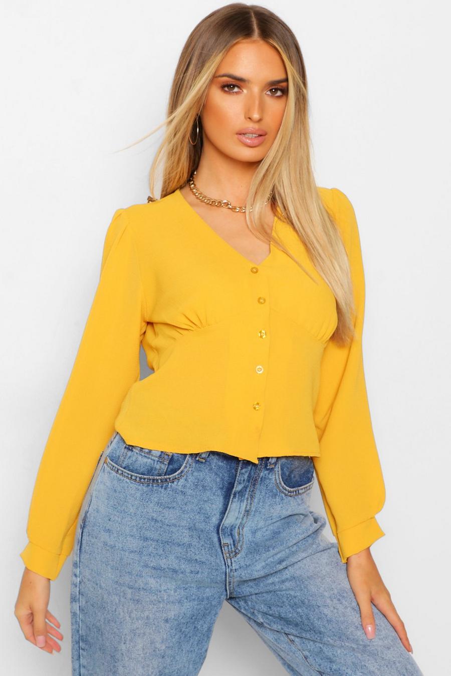 Web-Bluse mit Taillendetail, Mustard image number 1