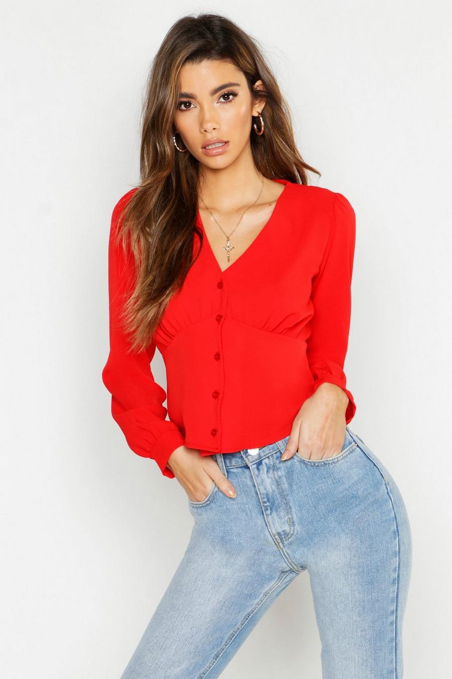 Rood Geweven Blouse Met Taille Detail image number 1