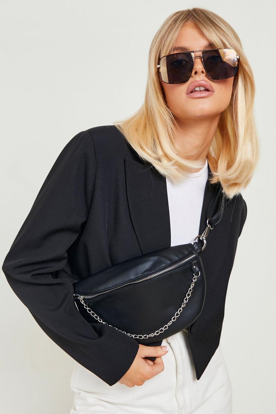 Black Front Chain Detail Fanny Pack