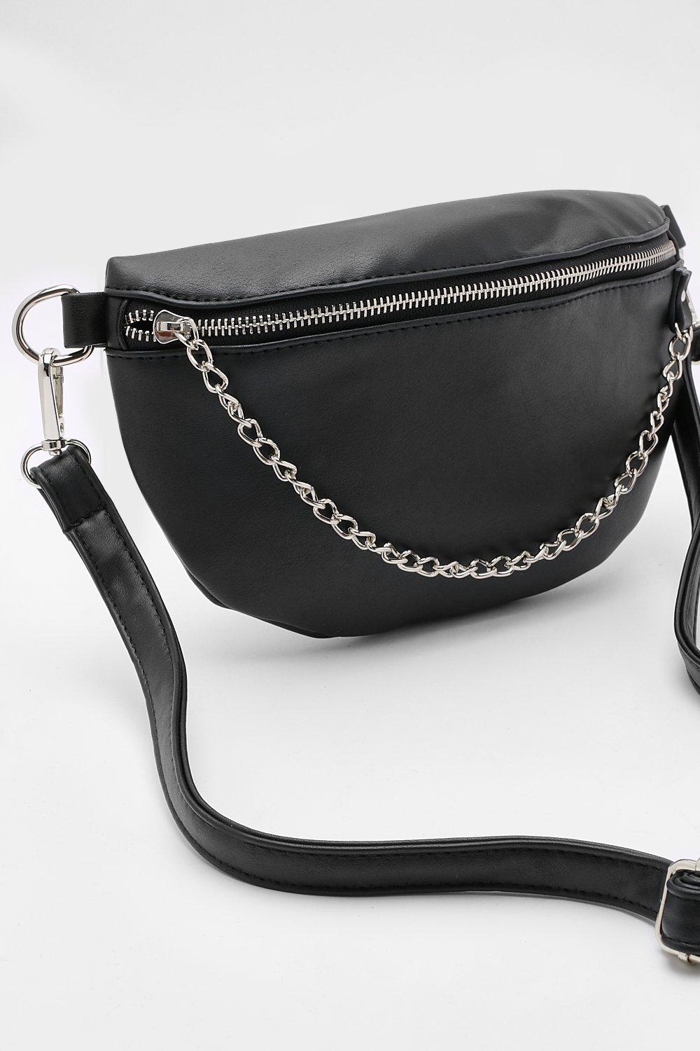 Faux Leather Chain Fanny Pack Black