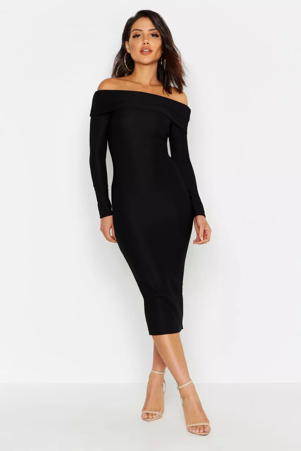 Black off the shoulder bodycon hot sale midi dress