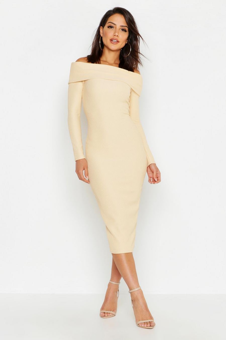 Ecru white Off Shoulder Fold Over Rib Bodycon Midi Dress