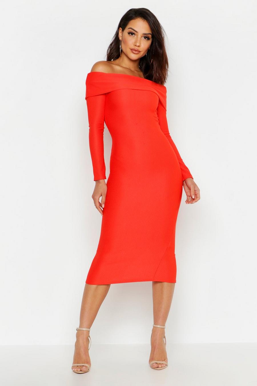 Red Off Shoulder Fold Over Rib Bodycon Midi Dress image number 1