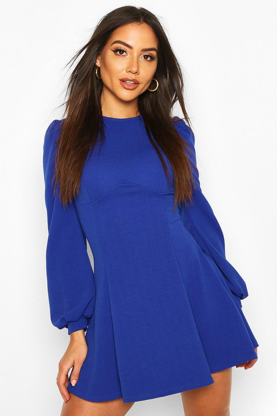 קובלט blue שמלת סקייטר עם עיטור בחזה ושרוולי בלוזון