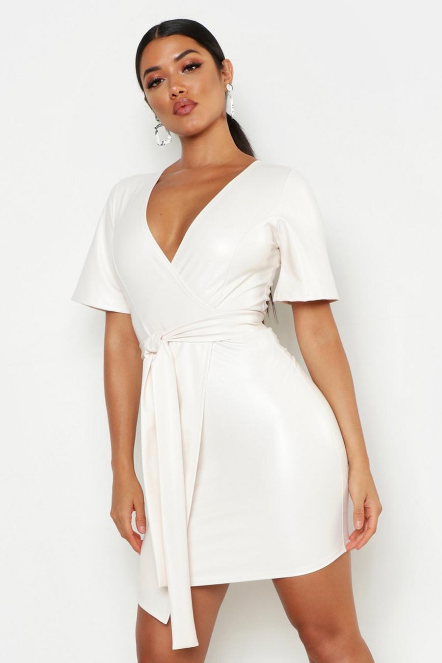 Ivory PU Belted Bodycon Dress image number 1