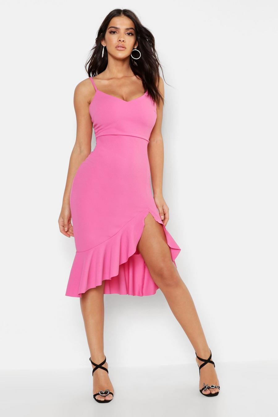 Vestido midi de tirantes con volante, Fushia image number 1