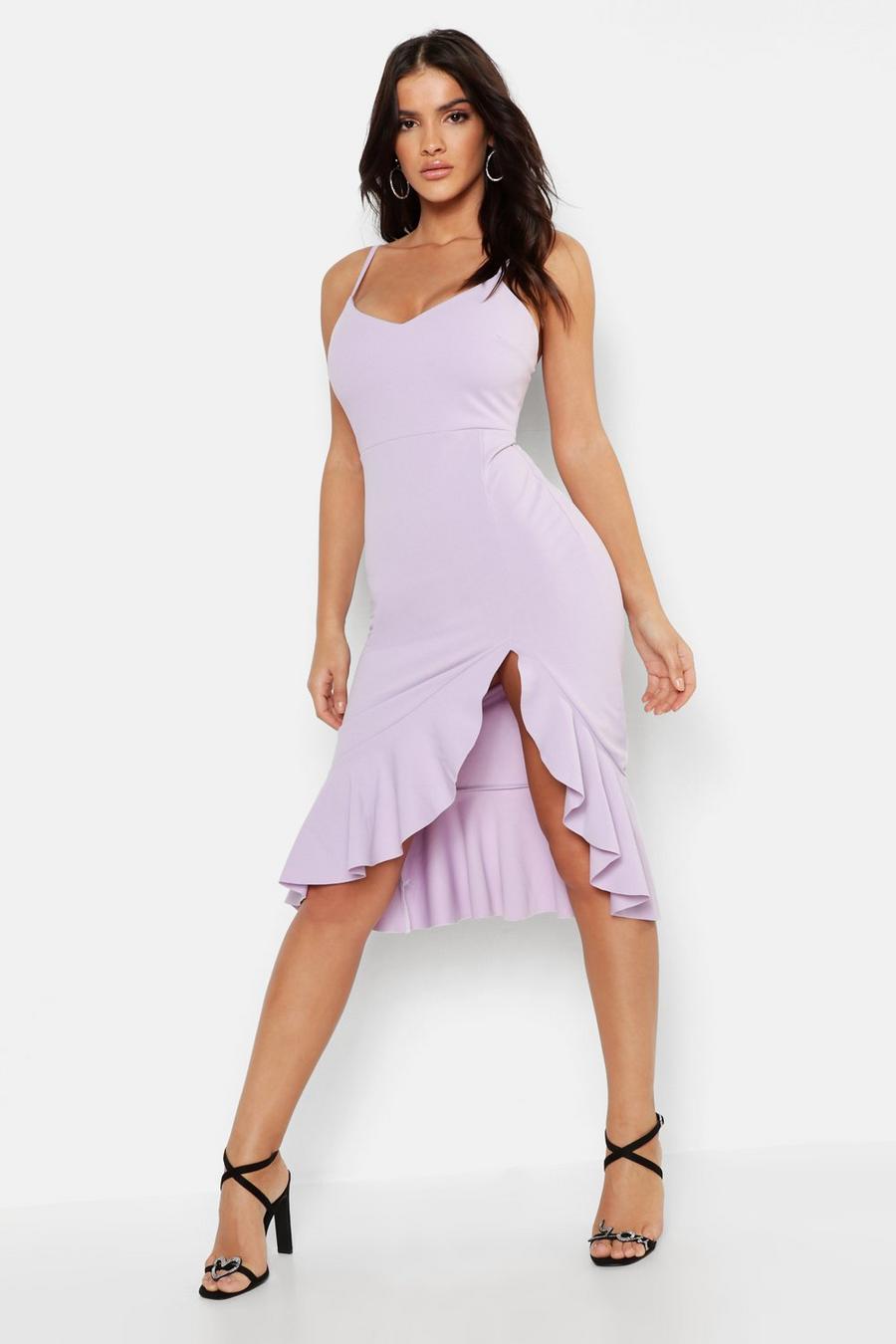 Lilac Strappy Frill Hem Midi Dress