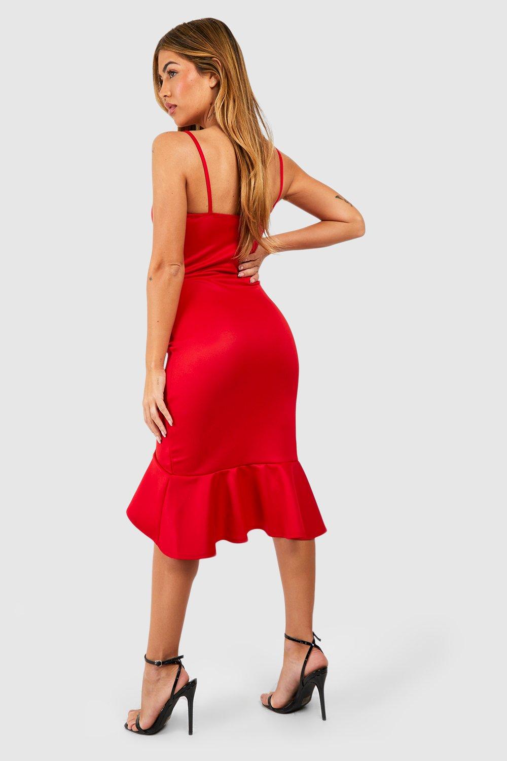 Red frill midi on sale dress