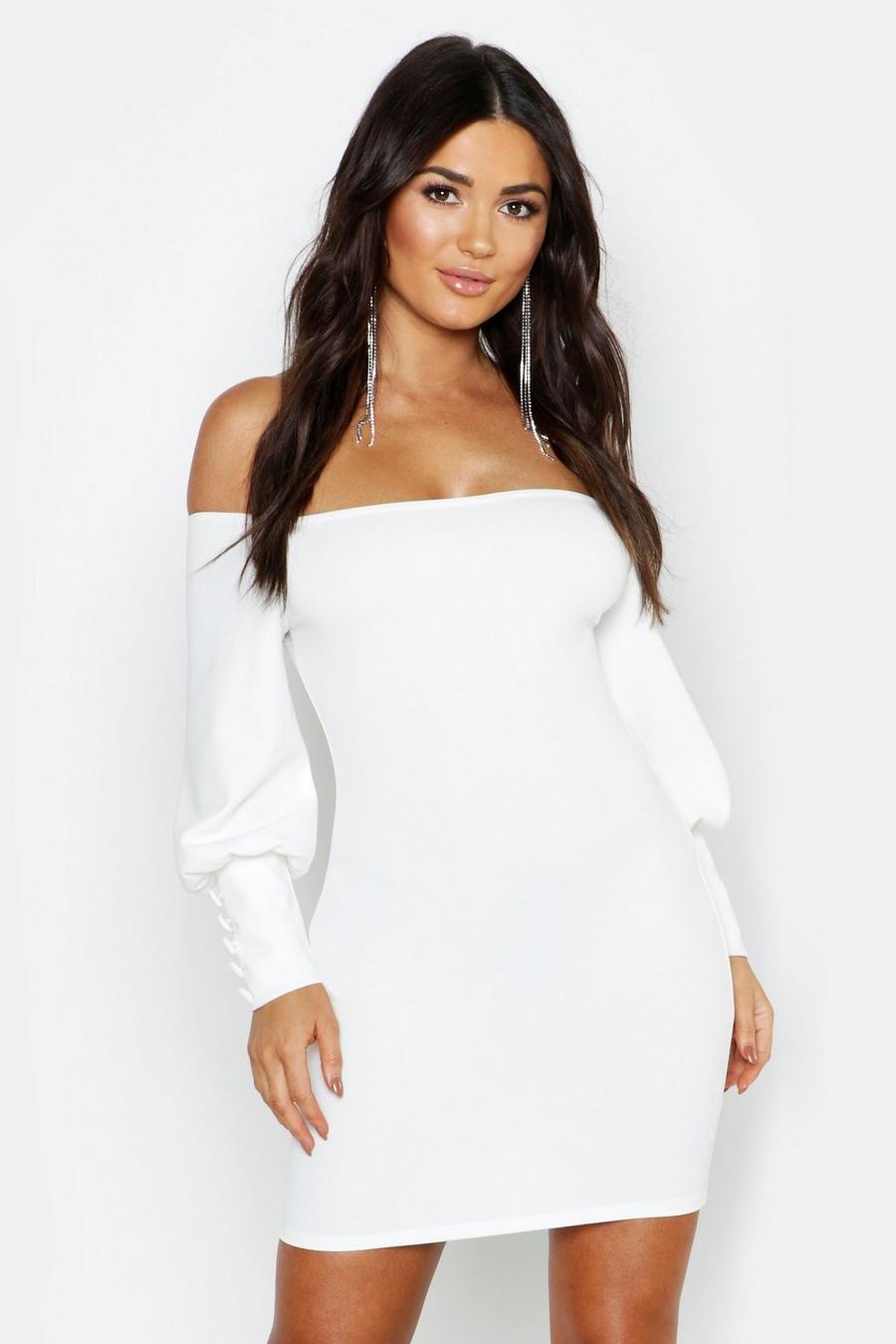 Off The Shoulder Puff Button Sleeve Bodycon Dress image number 1