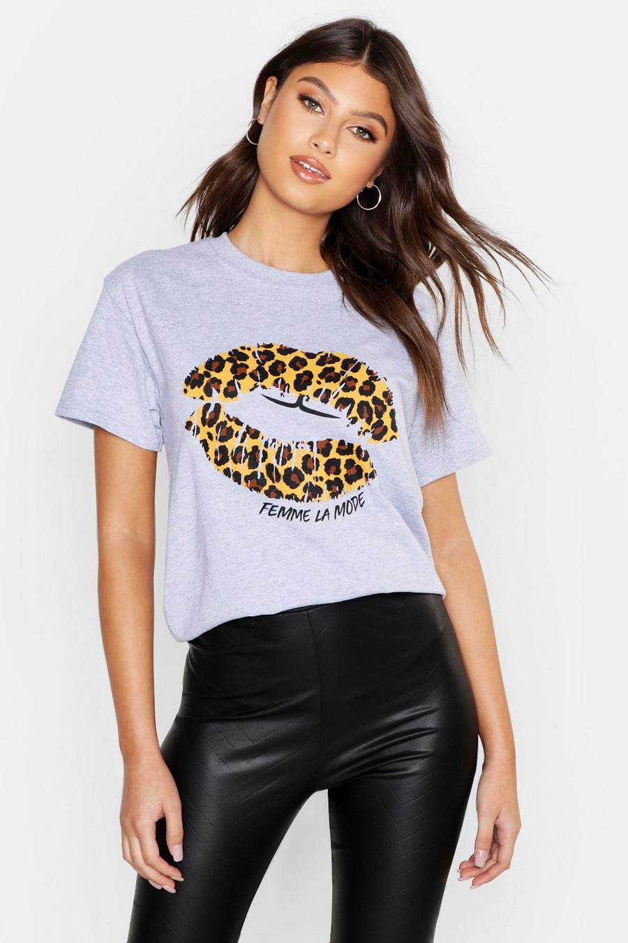 Grey Femme Leopard Lips Slogan T-Shirt image number 1