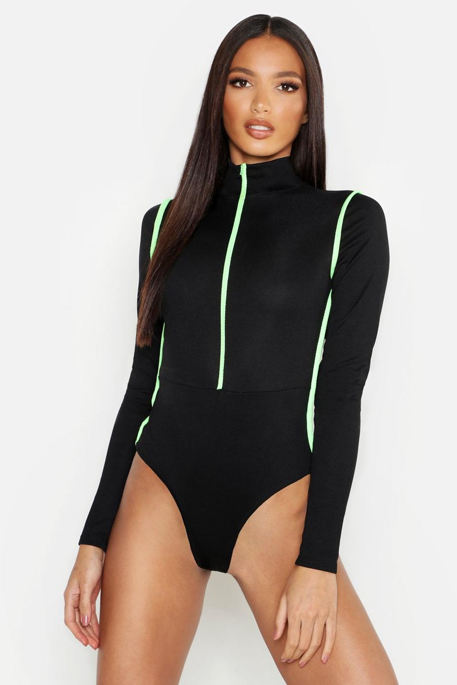 Gerippter, langärmeliger Bodysuit in Neonfarben mit Sportstreifen, Schwarz image number 1