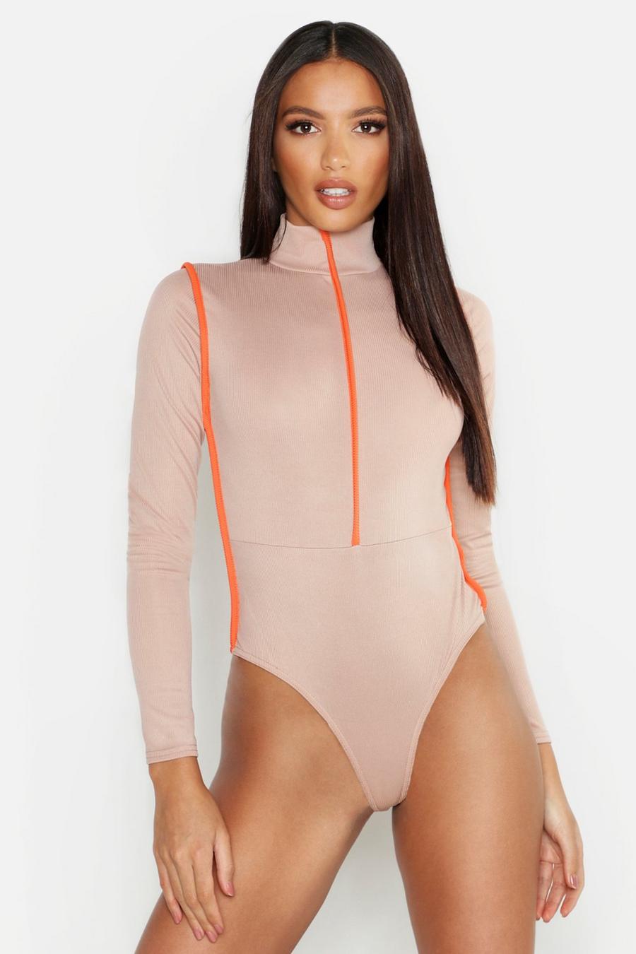 Gerippter, langärmeliger Bodysuit in Neonfarben mit Sportstreifen, Sand image number 1