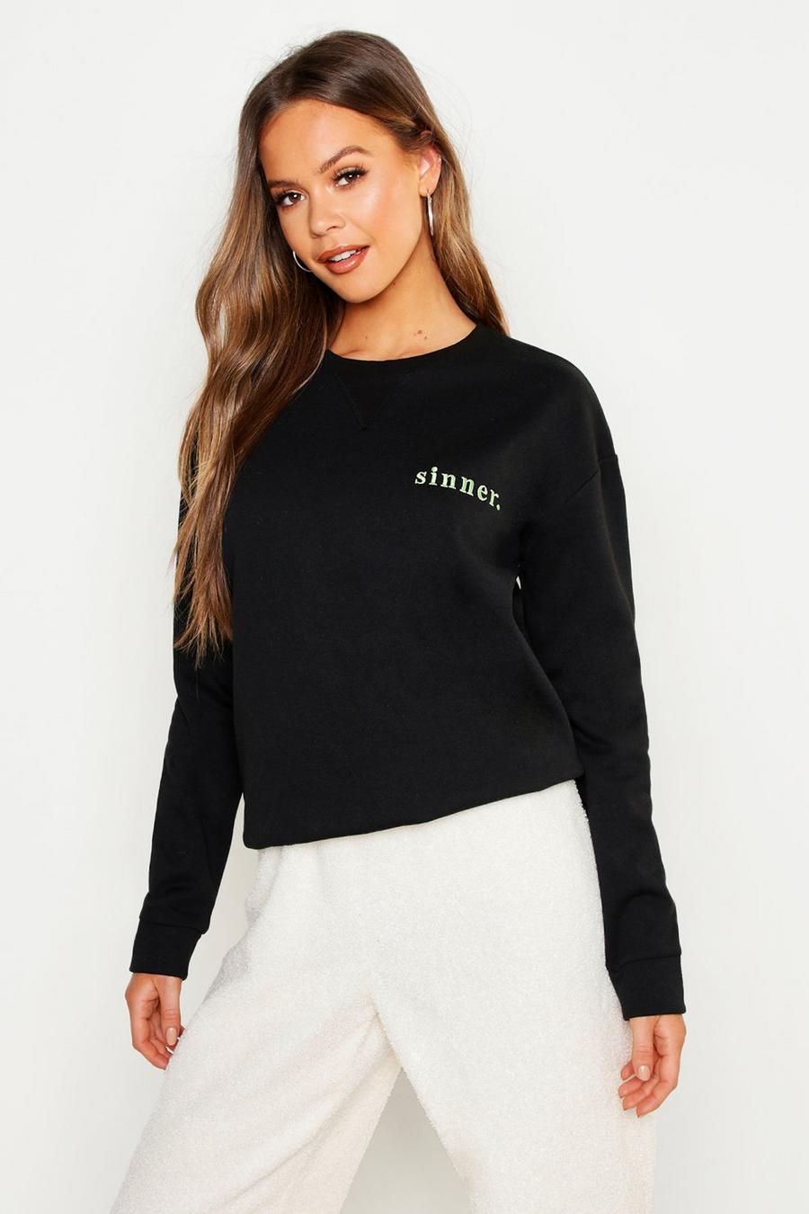 Boyfriend-Sweatshirt mit aufgesticktem Slogan Sinner image number 1