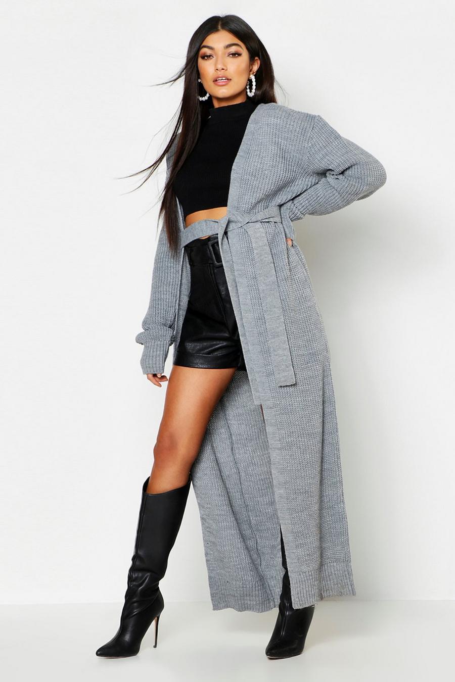 Silver Oversized Belted Knitted Cardigan image number 1