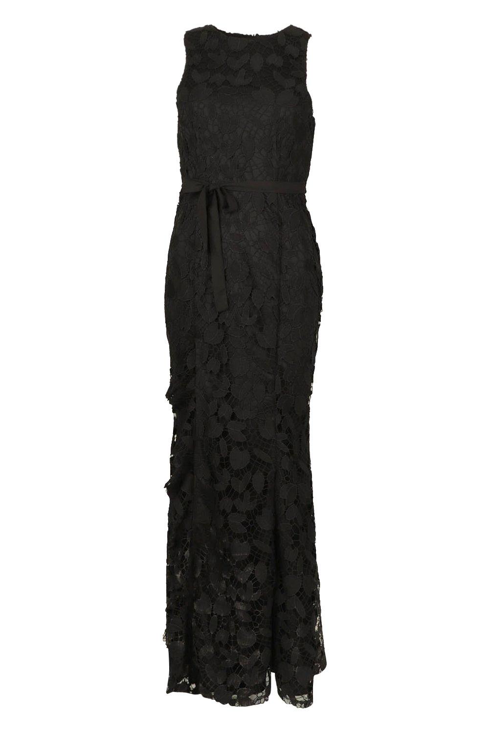 lace ruffle split maxi dress