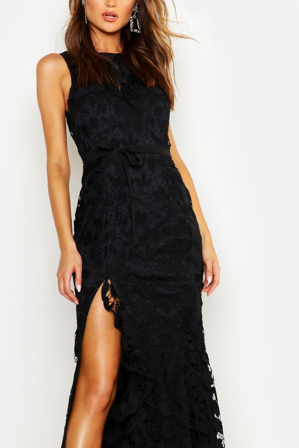 lace ruffle split maxi dress