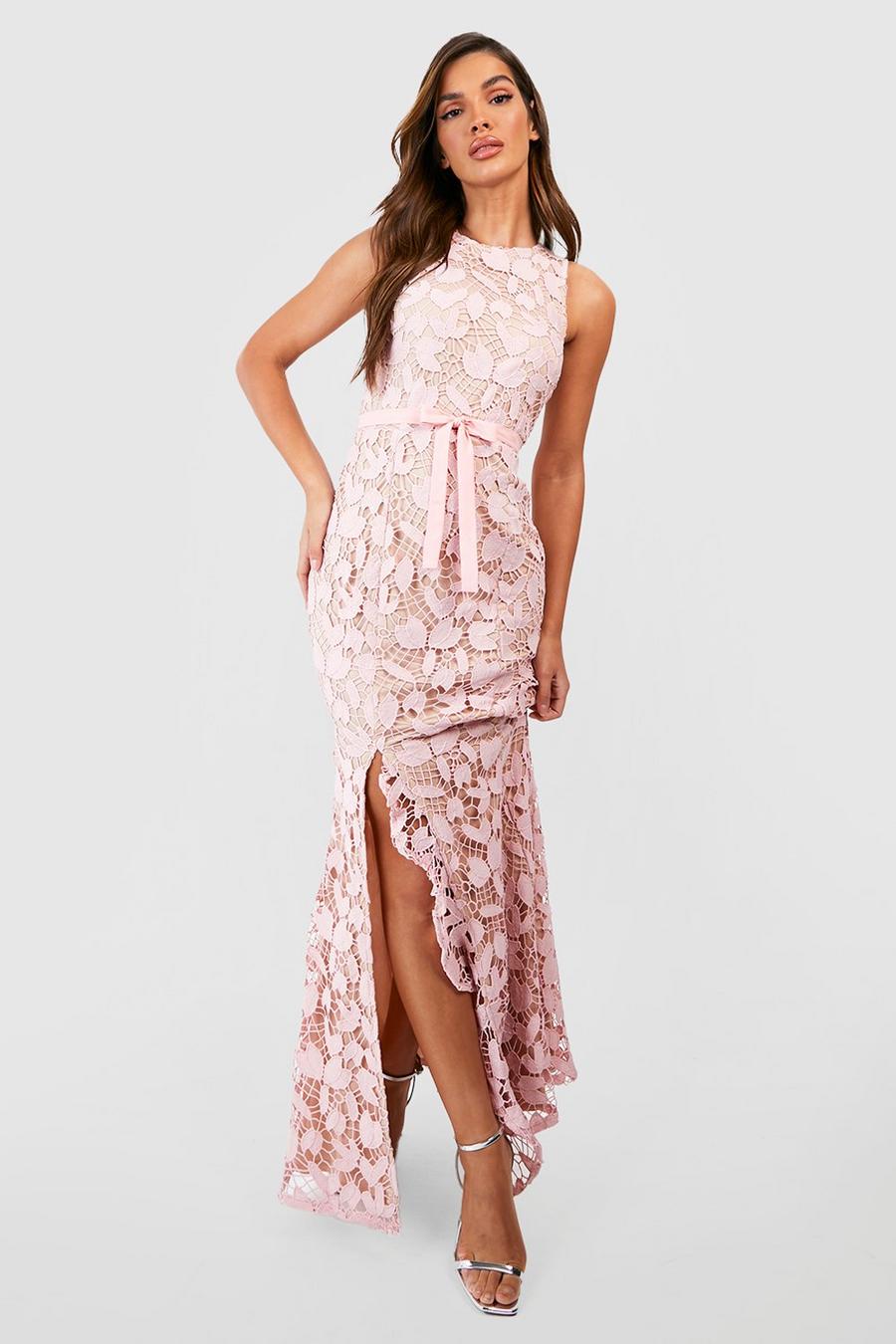 Blush rose Lace Ruffle Split Maxi Dress