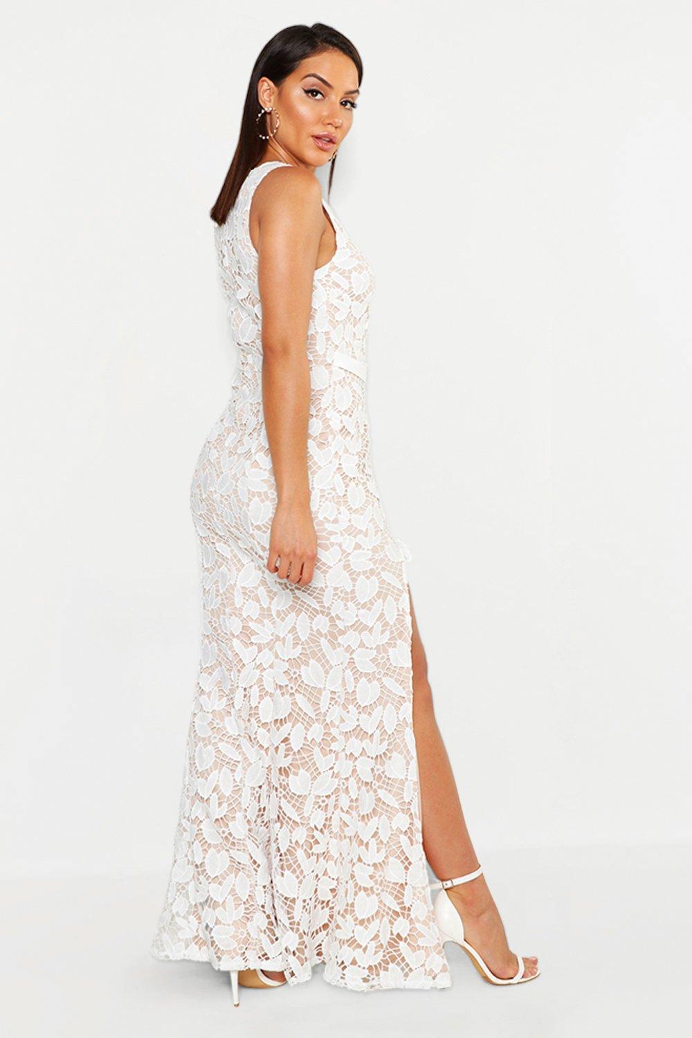 lace ruffle split maxi dress