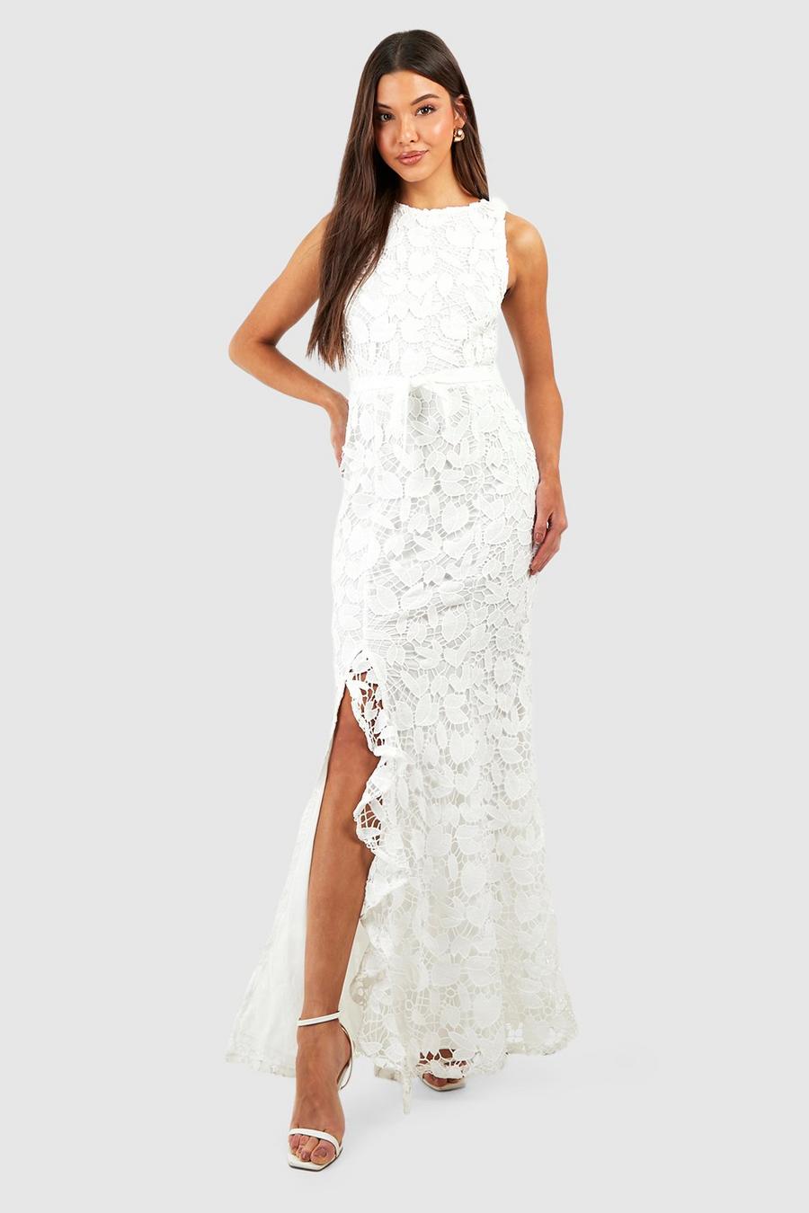 White Lace Ruffle Split Maxi Dress image number 1