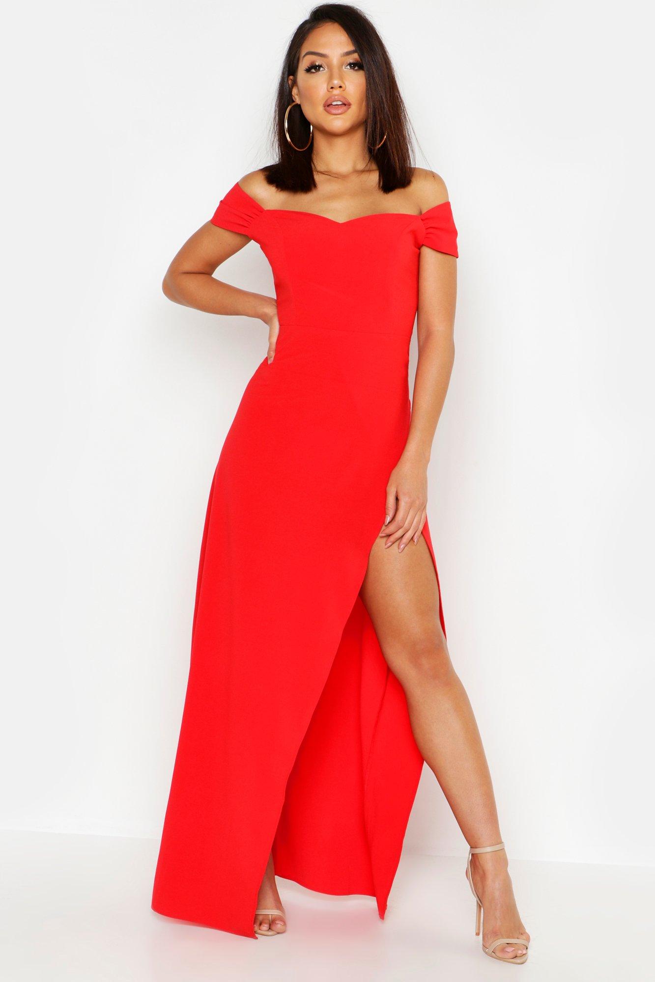 boohoo off the shoulder maxi dress