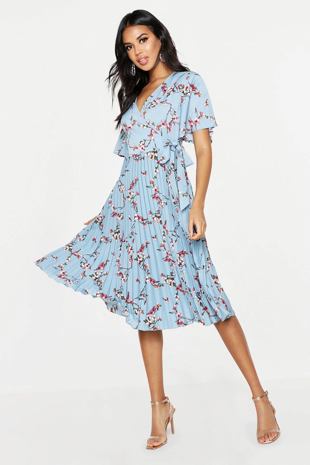 Floral Print Pleated Midi Skater Dress | boohoo