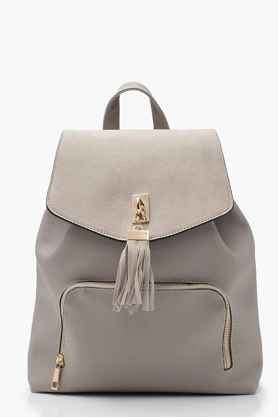 Grey Suedette Tassel Trim Backpack image number 1